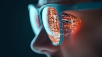 Futuristic sunglasses reflecting digital city lights and binary code patterns, creating modern cyberpunk aesthetic with orange and teal color scheme in dark environment.