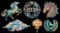 Colorful Chinese zodiac horse set for 2038 lunar new year, isolated on transparent background, ready for stickers, t-shirt design, and print on demand.