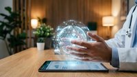 Doctor hands holding holographic brain with digital network connections above tablet in modern medical office for healthcare technology innovation.