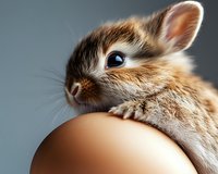 Close up portrait of adorable baby bunny resting on brown egg against gray background, showing soft fur texture and curious expression.