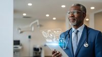 Mature African American male doctor in navy suit using smartphone with holographic medical icons in modern hospital clinic setting.