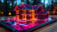 Glowing wireframe model of modern house on digital tablet display with neon red and blue lighting effects against dark background. For real estate and architecture.