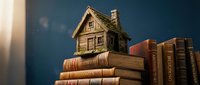 Miniature wooden house model sitting on stack of old leather-bound books against dark blue background for real estate education and literature concepts.