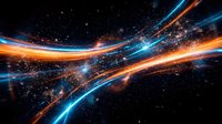 Dynamic energy streams flowing through cosmic space with vibrant orange and blue light trails creating futuristic digital network pathways against starry universe.