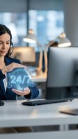 Professional female customer service representative with headset displaying 24/7 support hologram in modern office environment for business communications.