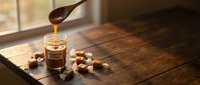Golden honey dripping from wooden spoon into glass jar on rustic table with nuts, warm natural lighting creates cozy kitchen atmosphere for cooking.