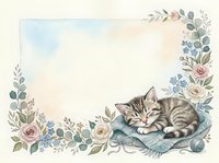 Adorable sleeping tabby kitten on soft blanket surrounded by watercolor floral border with roses and eucalyptus leaves for greeting cards and nursery decor.
