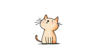 Cute peach-colored cartoon cat with simple line art style sitting and looking up with curious expression on white isolated background, suitable for children's designs.