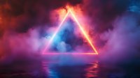 Glowing neon triangle floating over reflective water surface with dramatic pink and blue smoke clouds creating mystical atmospheric scene for background designs.