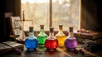 Colorful glass bottles with magical potions in blue, green, red, yellow and purple arranged on wooden table near window with warm sunlight streaming through.