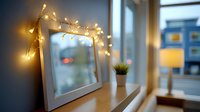 Cozy home interior with mirror decorated with warm fairy lights on wooden table near window, creating inviting atmosphere.