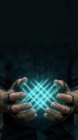 Male worker with weathered hands holding glowing cyan digital grid pattern, representing technology innovation, data processing, and future connectivity for business and digital transformation concepts.