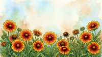 Watercolor gaillardia blanket flowers in vibrant red and yellow bloom against a soft pastel sky background, botanical garden art.