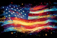 Artistic American flag with vibrant paint splashes and stars on black background, dynamic patriotic design in red, white and blue colors creates modern abstract composition.