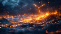Wind turbine silhouette against dramatic sky with glowing orange light trails and bokeh particles creating magical atmospheric evening landscape.