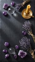 Mystical flat lay with amethyst crystals, crystal ball, dried lavender bundles and beeswax candle on dark slate background for spiritual wellness practices.