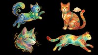 Colorful decorative cats with ornamental patterns isolated on transparent background. Ready for t-shirt design, clipart, stickers, sublimation, print-on-demand products and digital crafts.