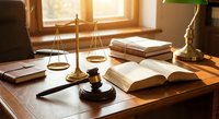 Professional lawyer office desk with scales of justice, gavel, and legal books in warm sunlight for legal services and law firm branding concepts.
