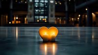 Glowing heart-shaped candle holder casting warm light reflection on dark floor surface in moody evening interior atmosphere. Romantic Valentine's day concept.