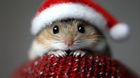 Adorable dwarf hamster wearing Santa hat peeking over red Christmas ornament, close-up portrait showing cute whiskers and tiny paws against gray background.