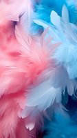 Soft pink and blue feathers creating dreamy ethereal texture, perfect for backgrounds in fashion, wedding, or baby shower designs.