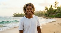 Young African American man with dreadlocks smiling on tropical beach at sunset wearing white t-shirt with palm trees and ocean waves in background.