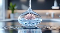 Microscopic coronavirus cell floating in water drop, scientific visualization with ripple effect and blurred background, medical research concept.