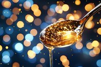 Golden honey dripping from spoon with glowing bokeh lights background creates magical atmosphere for food photography and packaging design.