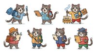 Cartoon cats in various professions and activities wearing colorful outfits. Isolated characters ready for educational materials, children's books, stickers, and design projects.