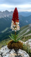Vibrant red and white alpine orchid blooming on rocky mountain peak against dramatic mountain range backdrop, showcasing natural wilderness flora in summer.