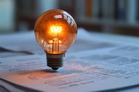 Glowing vintage light bulb with warm filament placed on document paper, creating atmospheric lighting and innovative business concept mood.