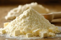 Fresh butter cubes and flour pile on wooden surface in warm lighting, macro food photography showing texture and ingredients for baking preparation.