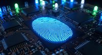 Glowing blue fingerprint on computer circuit board with LED lights representing biometric security technology and digital identity authentication systems.