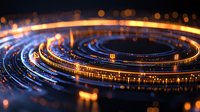 Abstract digital spiral of glowing blue and gold light trails against dark background, creating futuristic technology concept for business presentations.