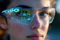 Young woman wearing futuristic smart glasses with holographic display showing digital interface and data visualization for augmented reality technology.