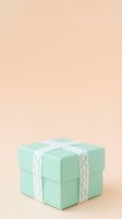 Mint green gift box with white lace ribbon on soft beige background, isolated for packaging design, greeting cards, and retail product presentations.