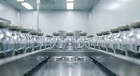 Sterile glass vials in pharmaceutical manufacturing facility with clean room environment for medical production and quality control processes.