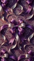 Elegant purple satin ribbons with ornate baroque flourishes creating luxurious seamless pattern for premium textile and wallpaper designs.