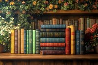 Vintage hardcover books arranged on wooden shelf against floral background, featuring colorful spines in blue, red, green, and gold tones. Romantic library setting.