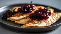 Thin golden crepes served on dark plate with fresh blackberry jam and mint garnish, close-up view showing delicate texture and glossy berry topping.