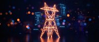 Glowing electrical transmission tower with neon orange light effects against dark blue background with bokeh lights for energy and power concepts.