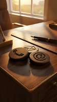 Wooden desk workspace with question mark and email symbols, notebook, pen, and window with warm sunlight for business communication and office concepts.