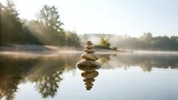 Balanced stone cairn stack reflected in calm lake water at sunrise with misty forest background creating peaceful zen meditation atmosphere for wellness concepts.