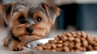 Adorable Yorkshire terrier puppy lying near bowl of dry dog food kibble, looking at camera with expressive eyes and sweet expression. Perfect for pet care advertising.