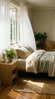 Cozy bedroom interior with natural light streaming through open windows, white curtains, wooden furniture, green plants and neutral earth tone bedding.
