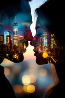Romantic silhouette of couple about to kiss against illuminated city skyline at night with glowing bokeh lights and skyscrapers creating dreamy double exposure effect.