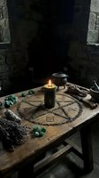 Mystical altar setup with burning candle, pentagram, crystals and ritual tools on wooden table in atmospheric stone chamber for spiritual practices.