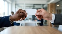 Two businessmen exchanging blank business cards in modern office setting, networking and professional communication concept for corporate meetings and business partnerships.