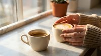 Cozy morning scene with woman in knit sweater holding warm coffee mug by sunny window, perfect for lifestyle and comfort themes.