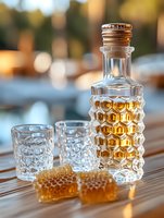 Crystal decanter with honey-colored liqueur and matching glasses on wooden surface, alongside fresh honeycomb pieces, captured in warm evening light with bokeh background.